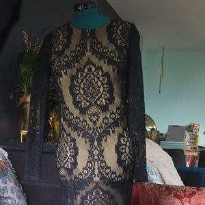 bebe Black and Tan Lace Long Sleeve Dress